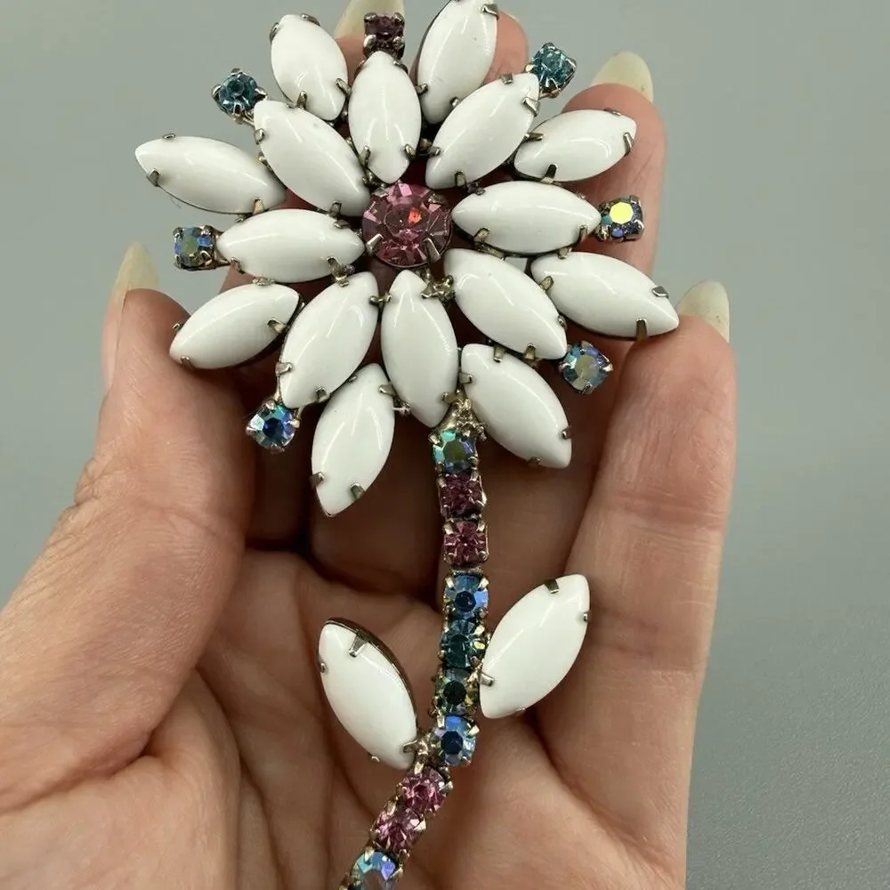 Vintage White Milk Glass Rhinestone Flower Brooch Pink AB Blue Floral Stem Pin